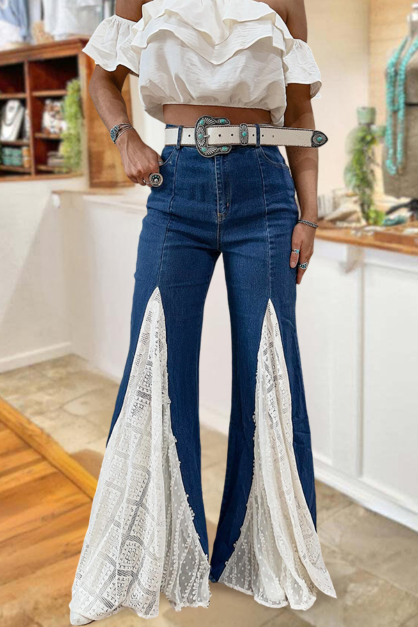 Bohemian Style Stretchy Lace Denim Flared Pants