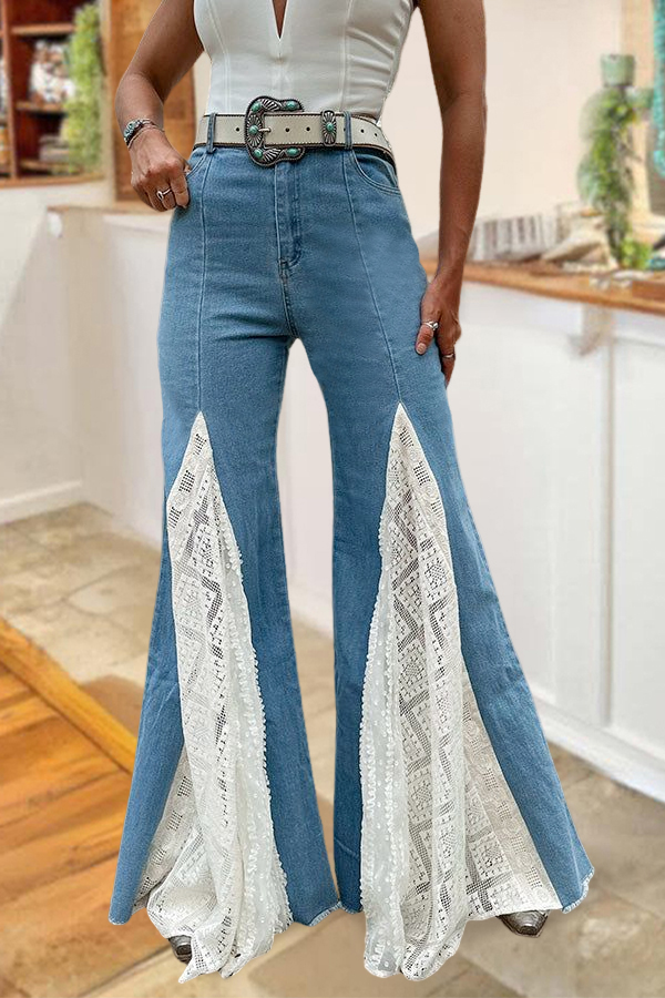 Bohemian Style Stretchy Lace Denim Flared Pants
