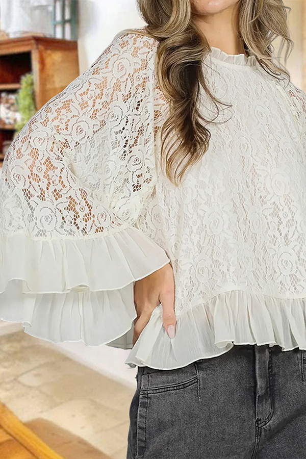 Romantic Lace Ruffle-Sleeve Two-Piece Set