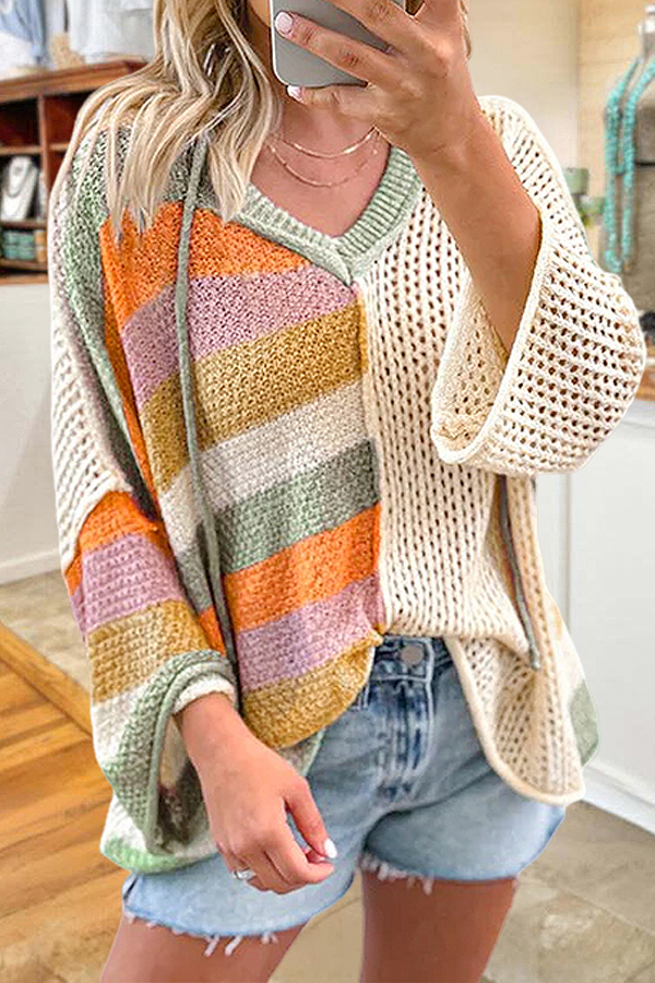 Colorful Striped Openwork Patchwork Hooded Sweater