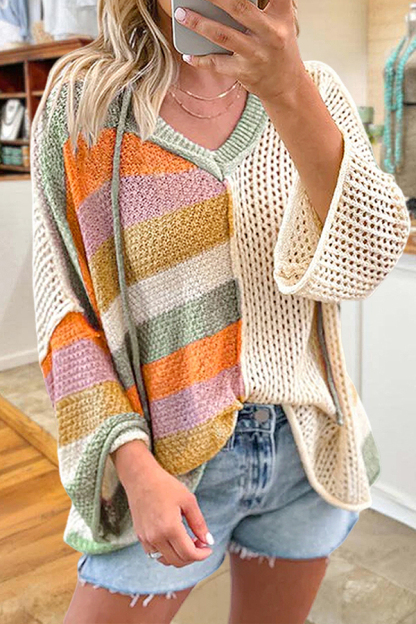 Colorful Striped Openwork Patchwork Hooded Sweater
