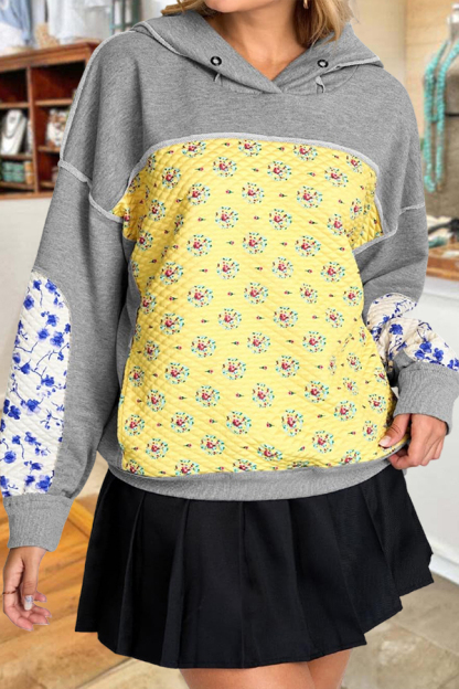 Casual Floral Quilted Patchwork Hooded Sweatshirt