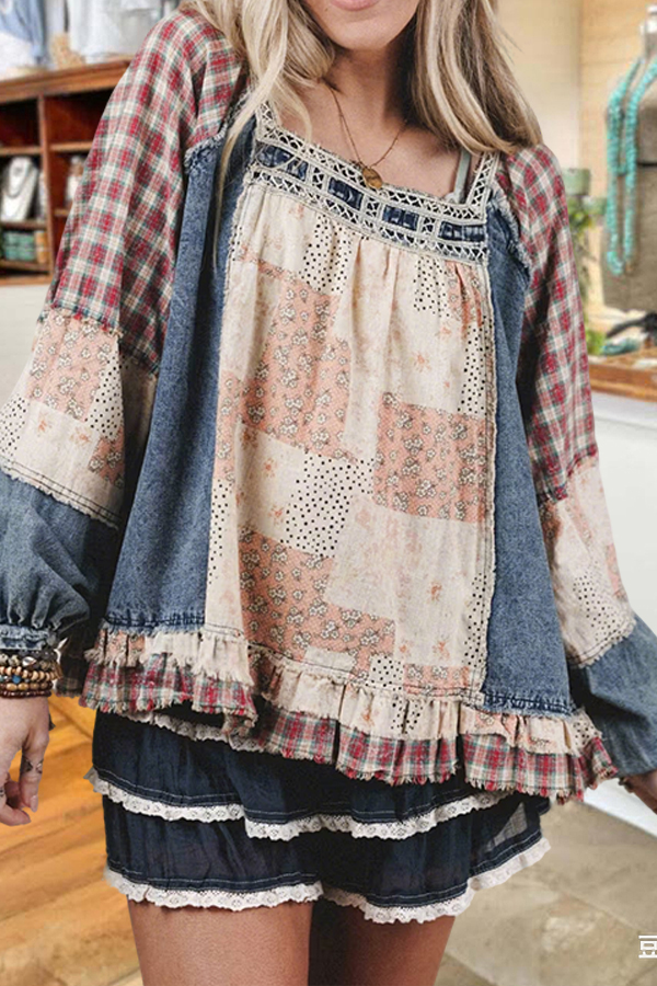 Country-Style Denim Floral Patchwork Square-Neck Top
