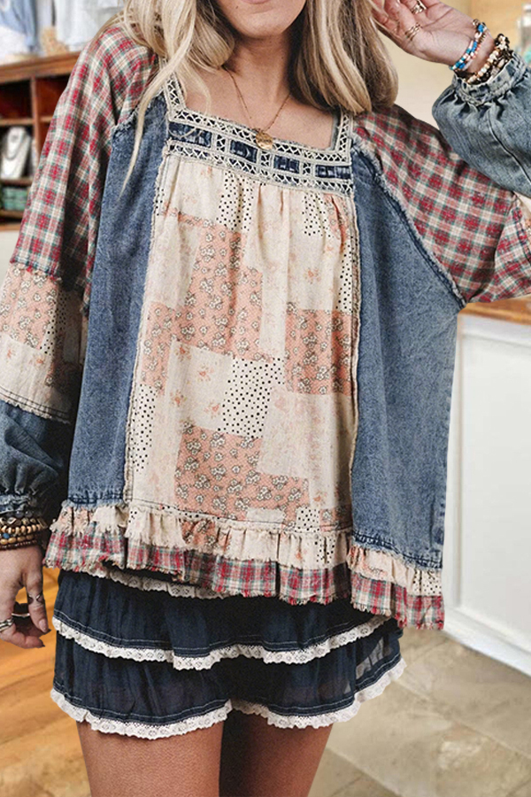 Country-Style Denim Floral Patchwork Square-Neck Top