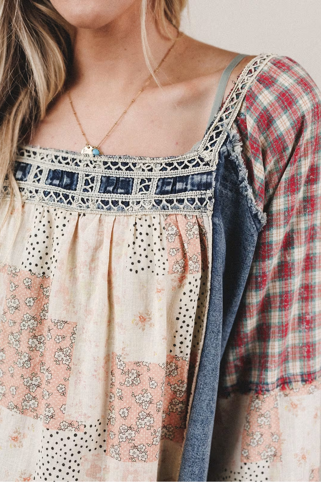 Country-Style Denim Floral Patchwork Square-Neck Top