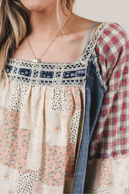 Country-Style Denim Floral Patchwork Square-Neck Top