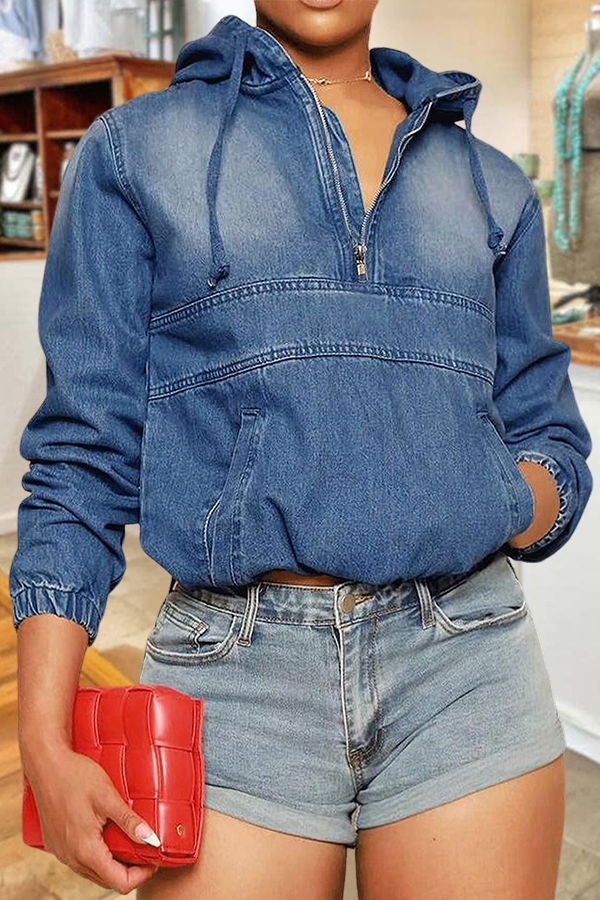 Women's top | Denim Pockets Elasticated Hem Hooded Sweatshirt |ladyboutiquebd