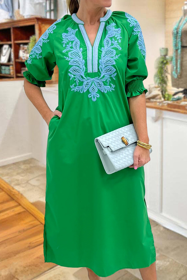 Elegant Floral Embroidery Elastic Cuffs Grace Dress