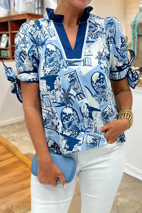 Women's top | Elegant Floral Print Shirt With Bow-Tie Cuffs |ladyboutiquebd