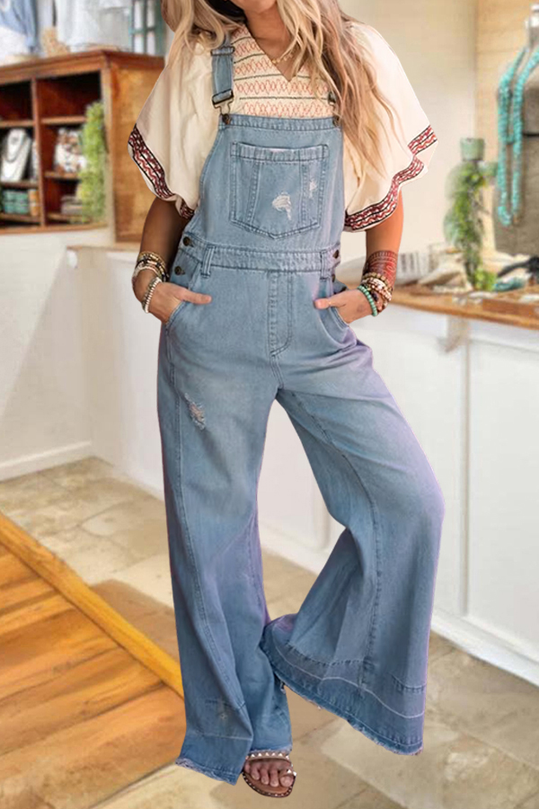 Denim Frayed Edges Wide-Leg Overalls