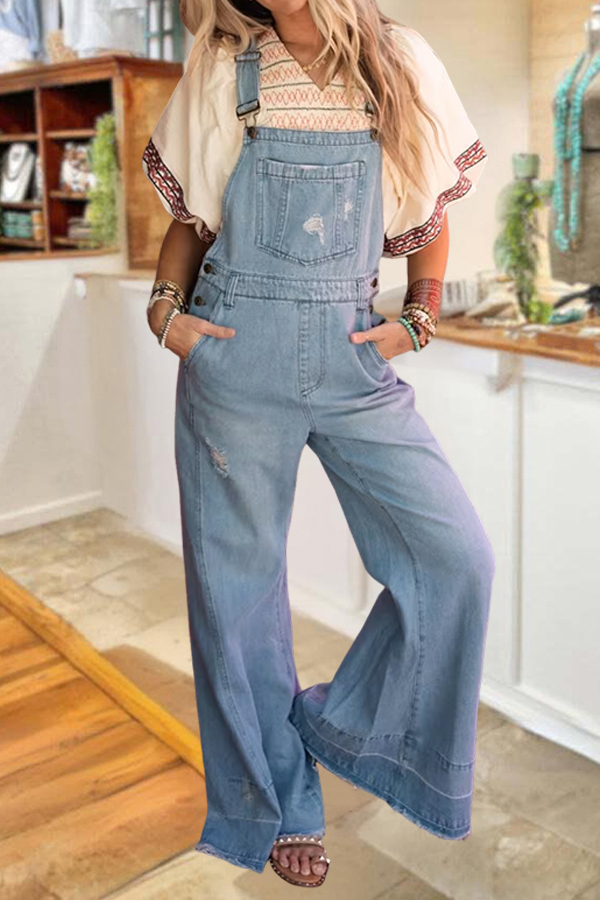 Denim Frayed Edges Wide-Leg Overalls