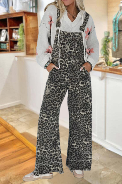 Denim Frayed Edges Wide-Leg Overalls