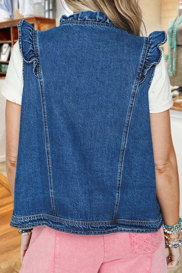 Casual Denim Pockets Ruffled Vest