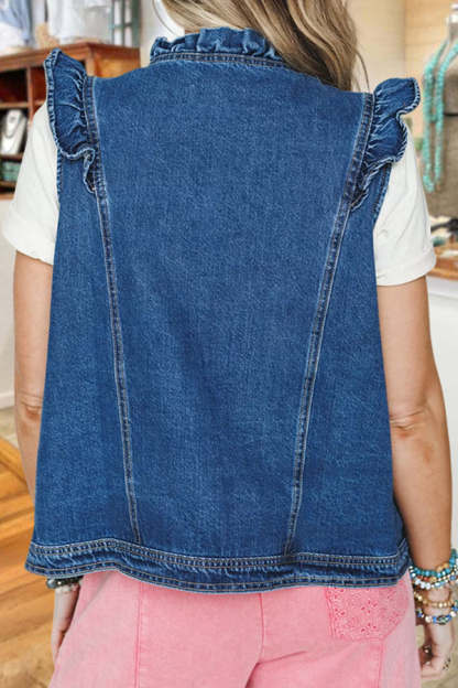 Casual Denim Pockets Ruffled Vest