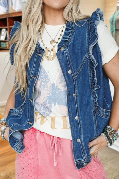 Casual Denim Pockets Ruffled Vest