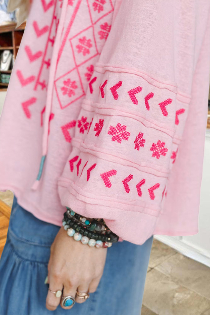 Sunset Palm Tree Heart Embroidery Knitted Top