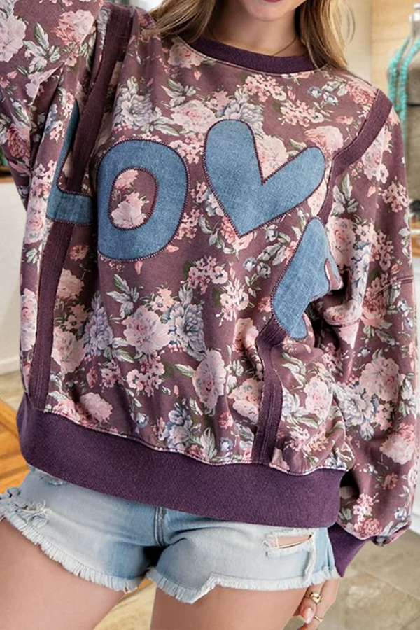 Country-Style Denim Patch Floral Sweatshirt