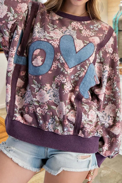 Country-Style Denim Patch Floral Sweatshirt