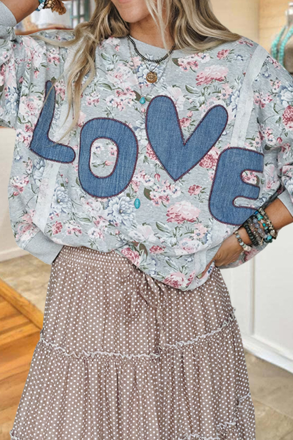 Country-Style Denim Patch Floral Sweatshirt