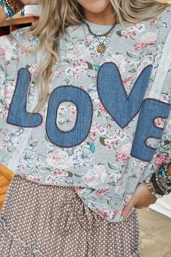 Country-Style Denim Patch Floral Sweatshirt