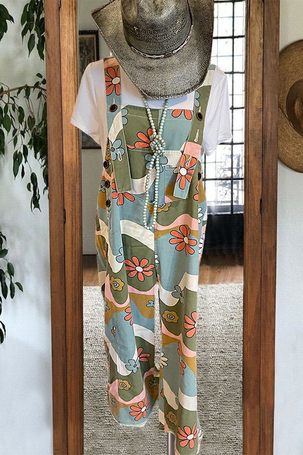 Cotton Contrasting-Color Artistic Floral Overalls