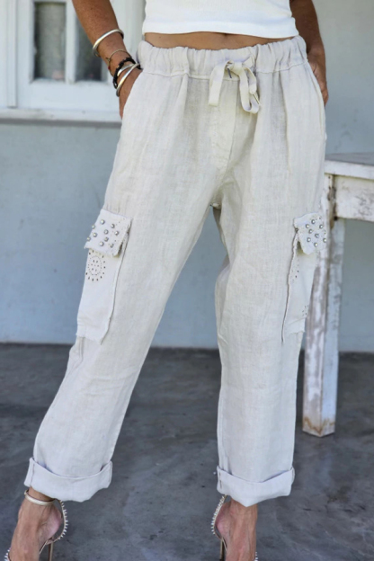 Linen Cargo Pants with Sequin Pockets