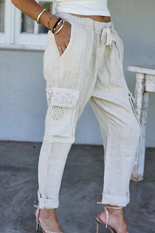 Linen Cargo Pants with Sequin Pockets