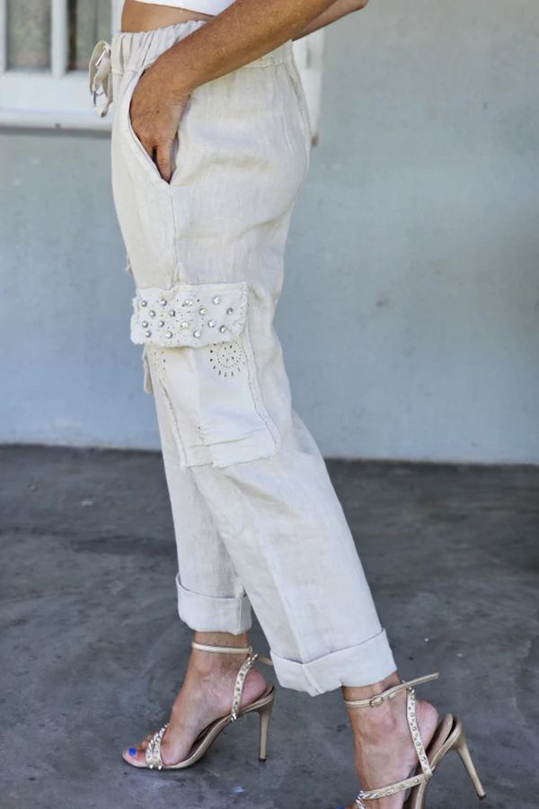 Linen Cargo Pants with Sequin Pockets