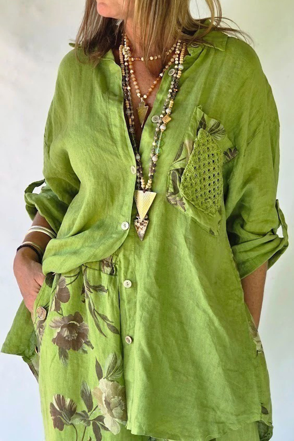 Lime Green Floral Back Print Roll Tab Sleeve Boho Top