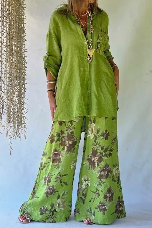 Lime Green Floral Back Print Roll Tab Sleeve Boho Top