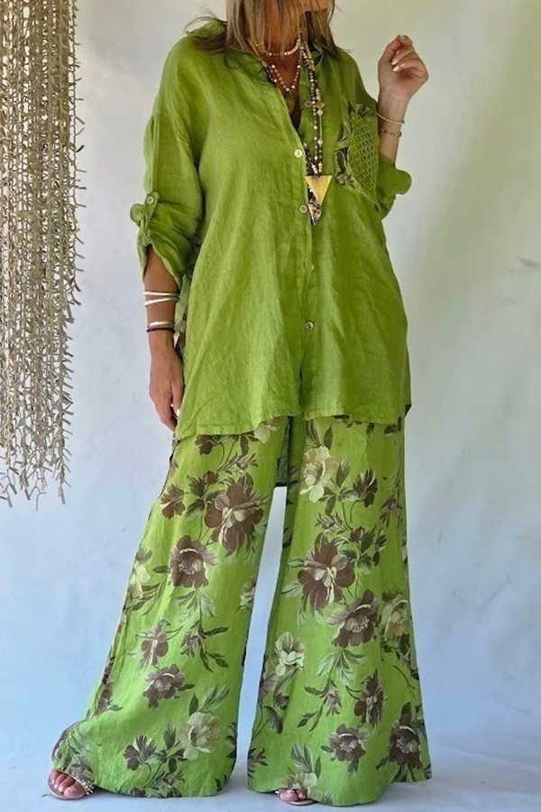 Lime Green Floral Back Print Roll Tab Sleeve Boho Top