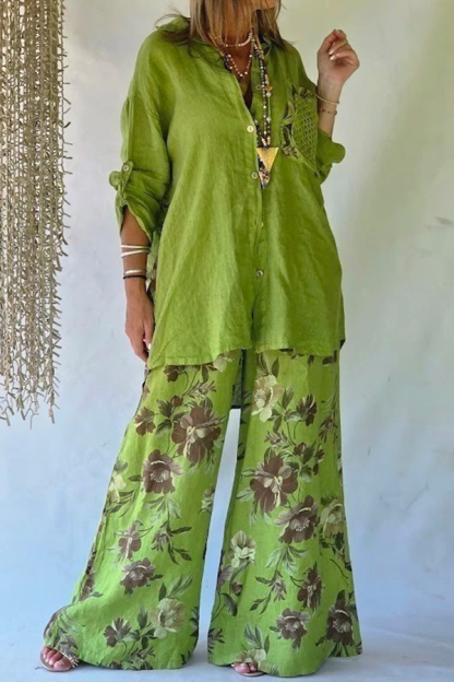 Lime Green Floral Back Print Roll Tab Sleeve Boho Top