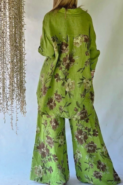 Lime Green Floral Back Print Roll Tab Sleeve Boho Top