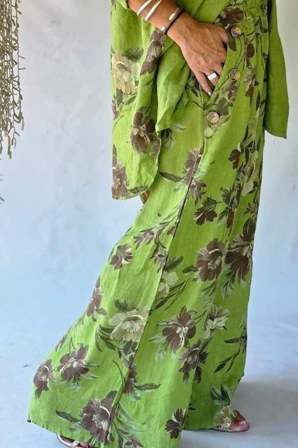 Retro Floral Print Flowy Wide Leg Pants