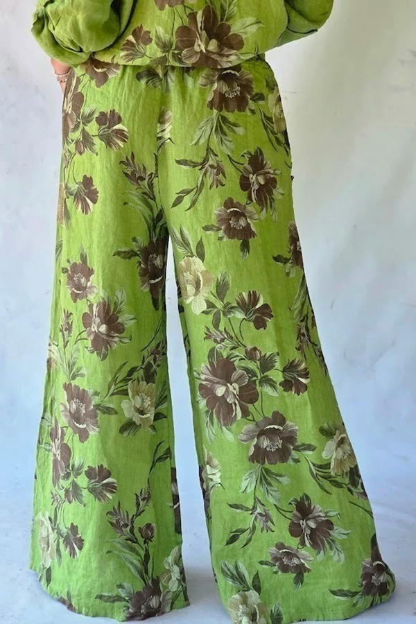 Retro Floral Print Flowy Wide Leg Pants