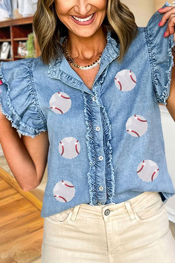 Women's top | Game Day Baseball Denim Ruffle Sleeve Shirt |Shopify-ladyboutiquebd