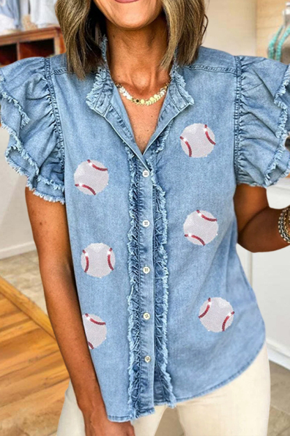 Game Day Baseball Denim Ruffle Sleeve Shirt