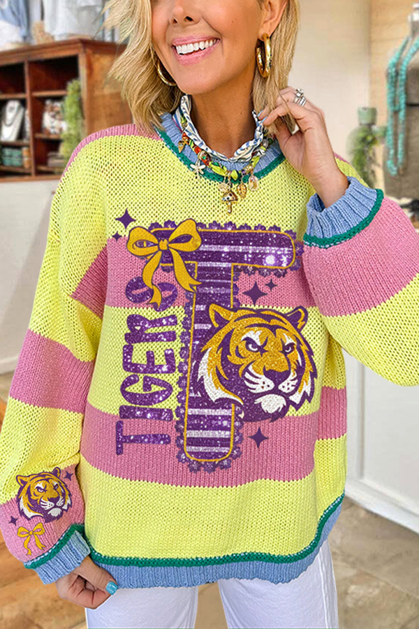 Baseball Striped Sparkly Tiger Sweater