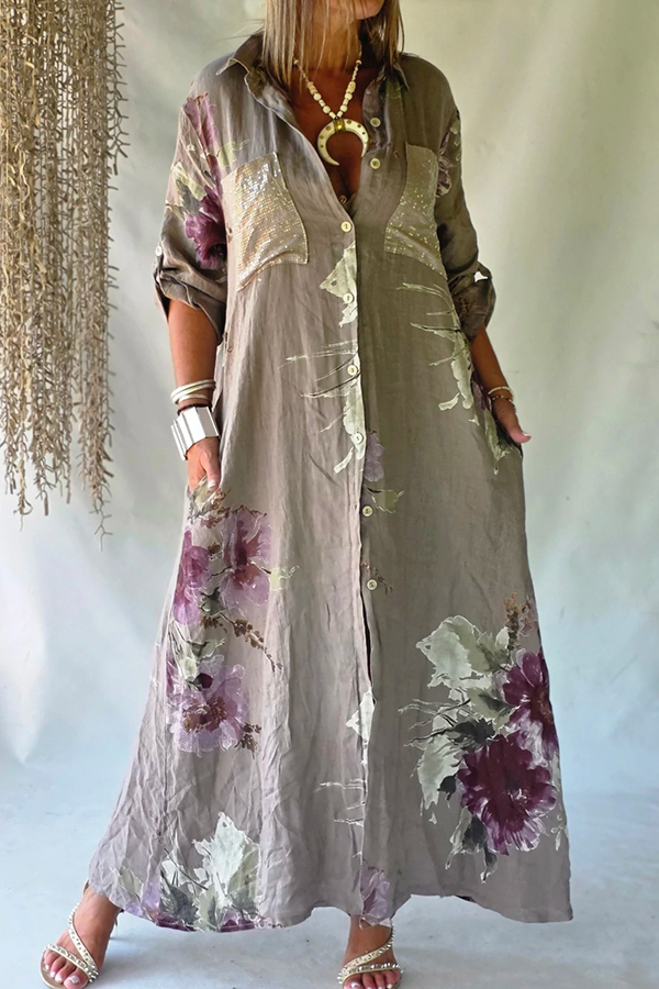 Dusty Purple Floral Print Linen Long Shirt Dress