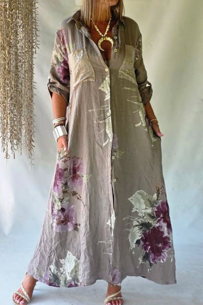 Dusty Purple Floral Print Linen Long Shirt Dress