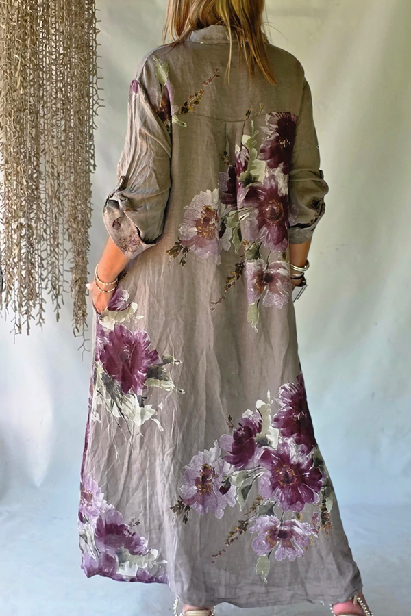 Dusty Purple Floral Print Linen Long Shirt Dress