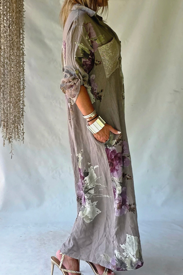 Dusty Purple Floral Print Linen Long Shirt Dress