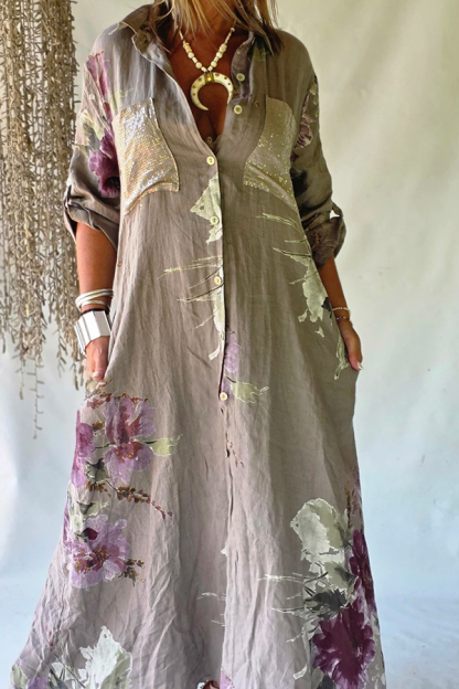 Dusty Purple Floral Print Linen Long Shirt Dress