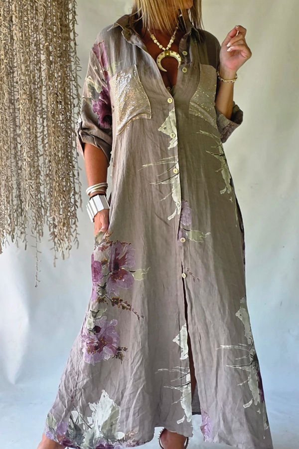 Dusty Purple Floral Print Linen Long Shirt Dress
