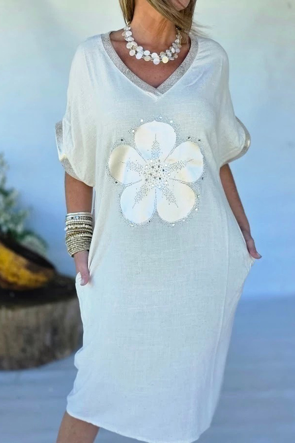 Women's dress | Linen Midi Dress Flower Sequin Embellished Cutout Back Dress |ladyboutiquebd