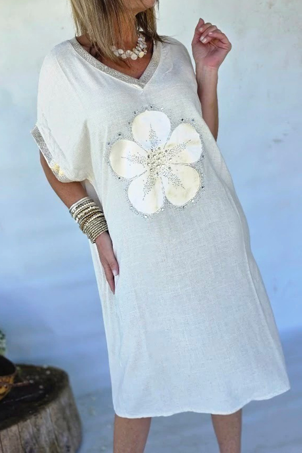 Linen Midi Dress Flower Sequin Embellished Cutout Back Dress