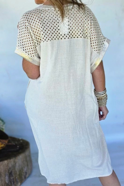 Linen Midi Dress Flower Sequin Embellished Cutout Back Dress