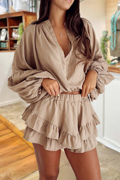 Bohemian Cotton Linen Ruffled Shorts And Top Two-Piece Set
