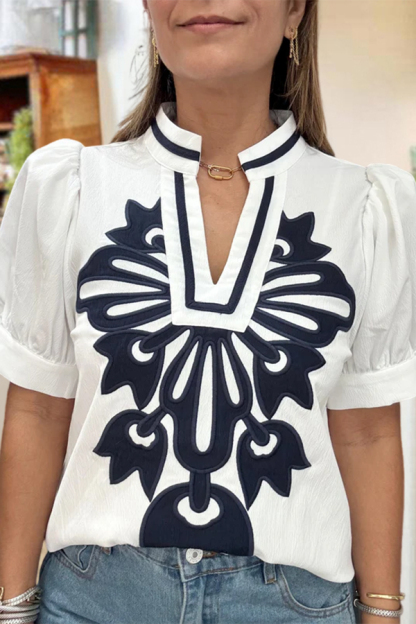 Color-Blocked Tulip Puff Sleeve Shirt