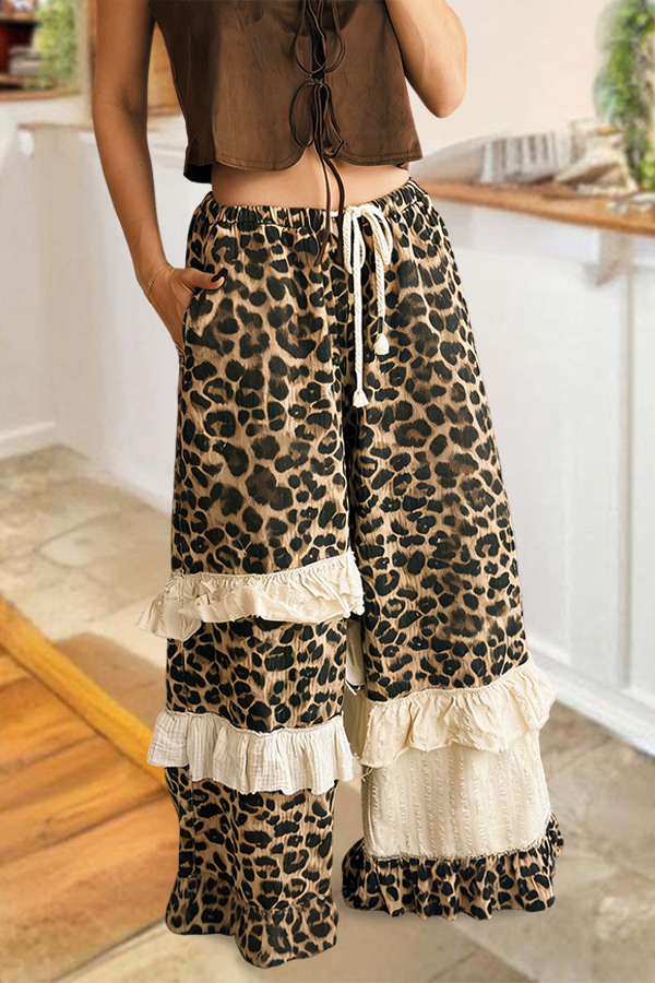 Retro Leopard Print Ruffled Drawstring Wide-Leg Pants